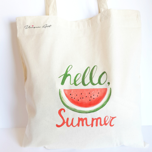 Υφασμάτινη τσάντα ζωγραφισμένη | Tote Bag Watermelon! - ζωγραφισμένα στο χέρι, ώμου, καρπούζι, απαραίτητα καλοκαιρινά αξεσουάρ, πάνινες τσάντες - 4