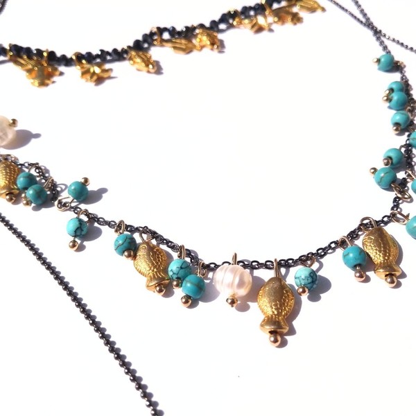 Bohemian lady necklace - ημιπολύτιμες πέτρες, επιχρυσωμένα, χάντρες, μακριά, πέρλες - 3