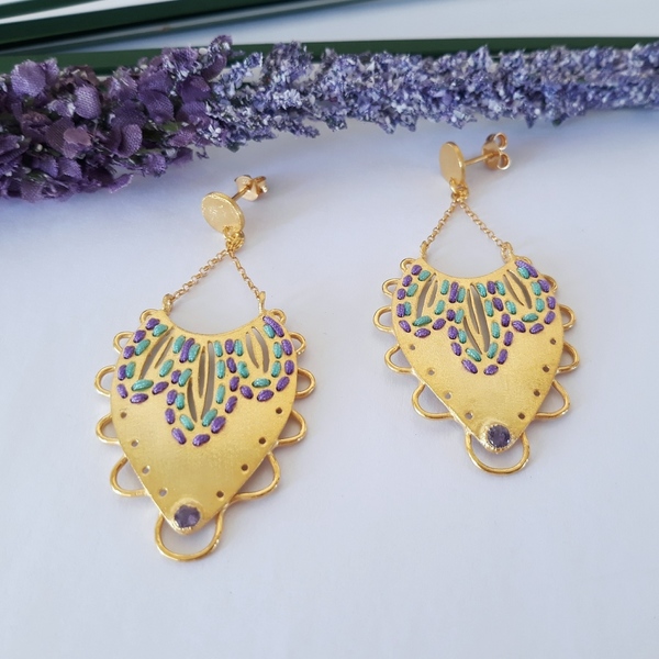 Lakshmi Earrings-Ασημένια σκουλαρίκια κεντημένα με βαμβακερό νήμα και Αμέθυστο - κεντητά, χρωματιστό, αμέθυστος, χειροποίητα, κρεμαστά, μεγάλα