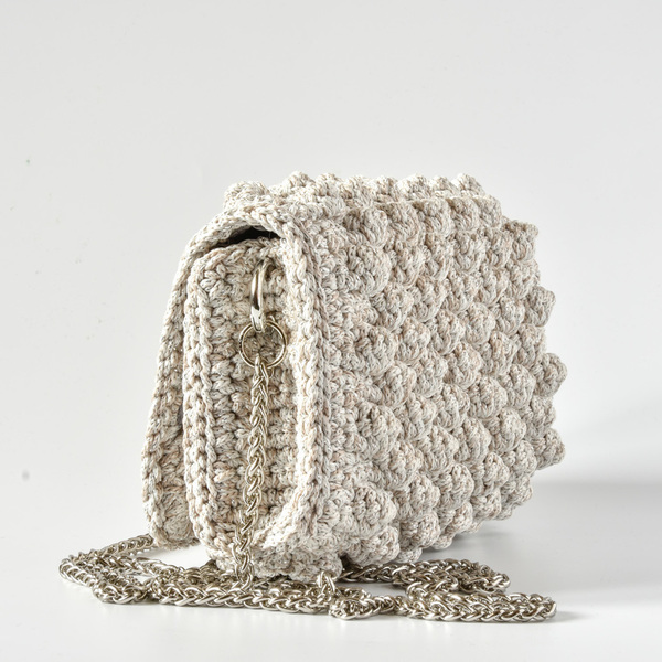 Εκρού / μπεζ ασημί μεταλλικό μικρή χιαστί πλεκτή τσάντα bubble κροσέ - χιαστί, crochet, τσάντα, πλεκτές τσάντες, μικρές - 3