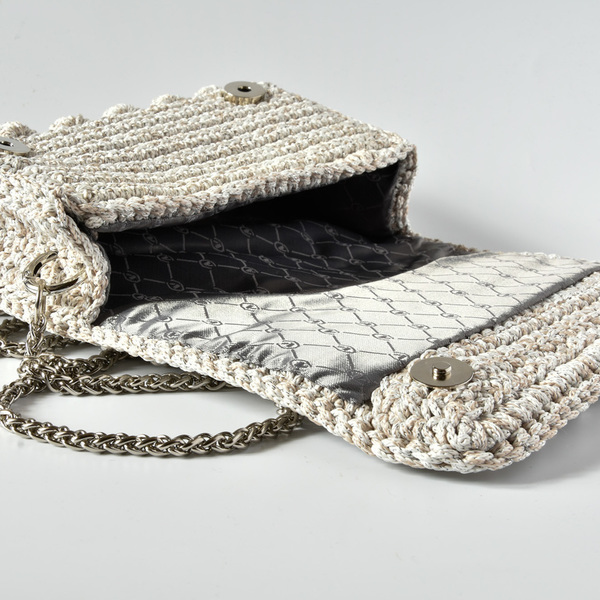 Εκρού / μπεζ ασημί μεταλλικό μικρή χιαστί πλεκτή τσάντα bubble κροσέ - χιαστί, crochet, τσάντα, πλεκτές τσάντες, μικρές - 4