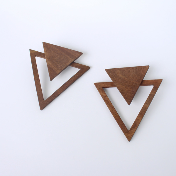Ξύλινα τρίγωνα σκουλαρίκια - ξύλο, χειροποίητα, καρφωτά, μεγάλα σκουλαρίκια