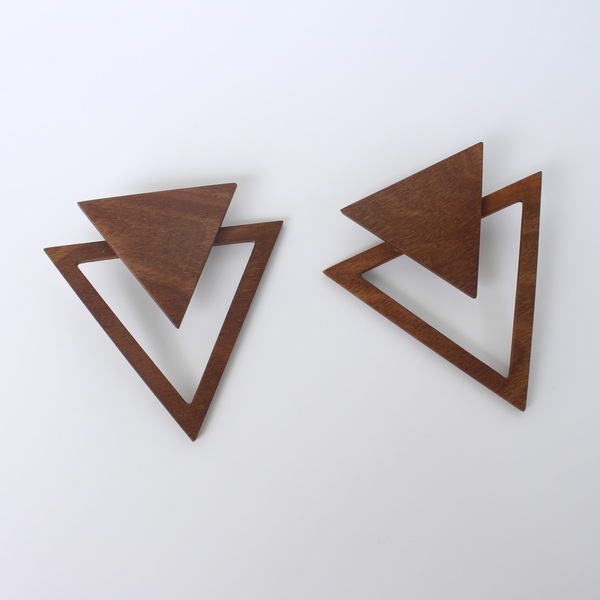 Ξύλινα τρίγωνα σκουλαρίκια - ξύλο, χειροποίητα, καρφωτά, μεγάλα σκουλαρίκια - 2