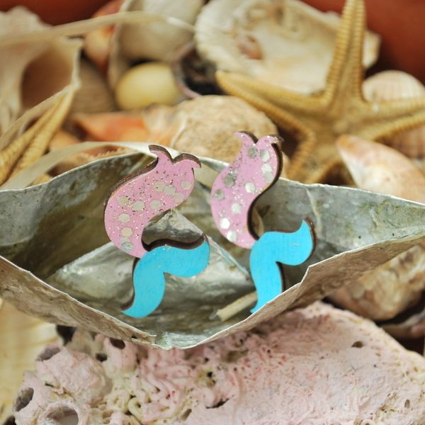Ξύλινα σκουλαρίκια γοργόνες (ροζ-μπλε) 4 εκ - καρφωτά, κοσμήματα, γοργόνα, για παιδιά, παιδικά σκουλαρίκια, φθηνά - 2