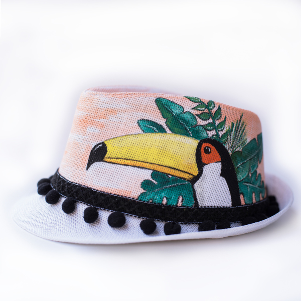 toucan panama hat - ζωγραφισμένα στο χέρι, καλοκαίρι, καπέλο, ψάθινα