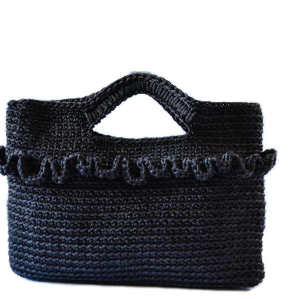 Μικρή μαύρη πλεκτή τσάντα tote με βολάν - crochet, χειροποίητα, απαραίτητα καλοκαιρινά αξεσουάρ, χειρός, πλεκτές τσάντες, μικρές, φθηνές