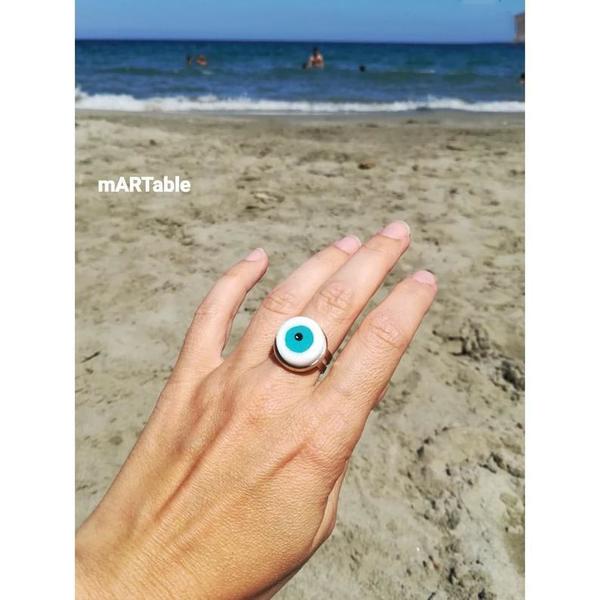 Κ Υ Α Ν Ο Evil Eye Ring-Χειροποίητο δαχτυλίδι από Ελληνικό μάρμαρο! - ορείχαλκος, αυξομειούμενα