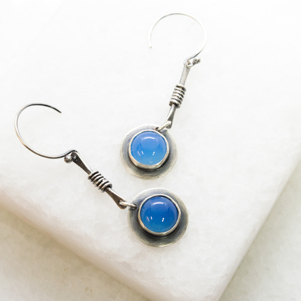 Ασημένια κρεμαστά σκουλαρίκια με Μπλε Χαλκηδόνιο (Blue Chalcedony) - ασήμι, πέτρα, χειροποίητα, πέτρες, κρεμαστά - 5