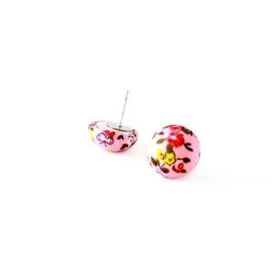 Υφασμάτινα Σκουλαρίκια Κουμπιά Λουλούδια-Ροζ - ύφασμα, καρφωτά, μικρά, φθηνά - 4