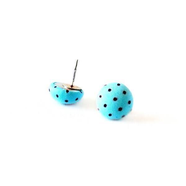 Υφασμάτινα Σκουλαρίκια Κουμπιά Πουά-Γαλάζιο - καρφωτά, φθηνά - 3