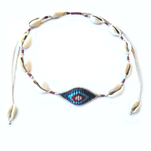 Cowrie shell & evil eye necklace - κοχύλι, τσόκερ, κορδόνια, μάτι, κοντά, evil eye