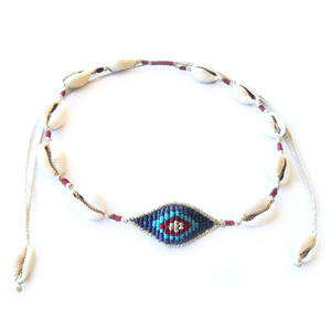 Cowrie shell & evil eye necklace - κοχύλι, τσόκερ, κορδόνια, μάτι, κοντά, evil eye - 2