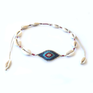 Cowrie shell & evil eye necklace - κοχύλι, τσόκερ, κορδόνια, μάτι, κοντά, evil eye - 3