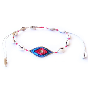 Cowrie shell & evil eye necklace - τσόκερ, κοχύλι, evil eye, κορδόνια, κοντά, μάτι