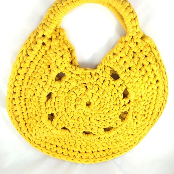 Τσάντα κίτρινη κύκλος - νήμα, ώμου, all day, πλεκτές τσάντες