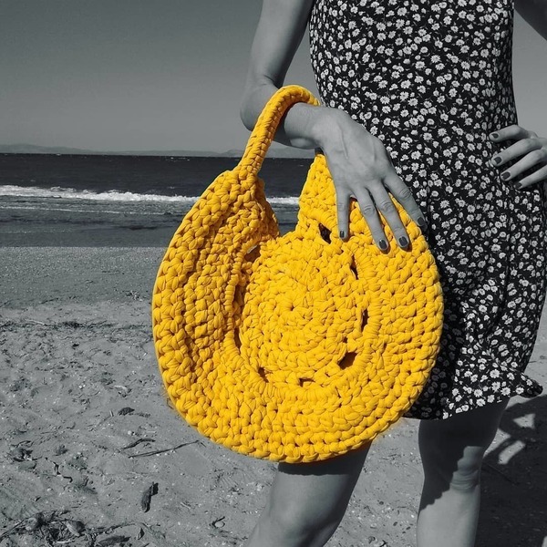 Τσάντα κίτρινη κύκλος - νήμα, ώμου, all day, πλεκτές τσάντες - 3