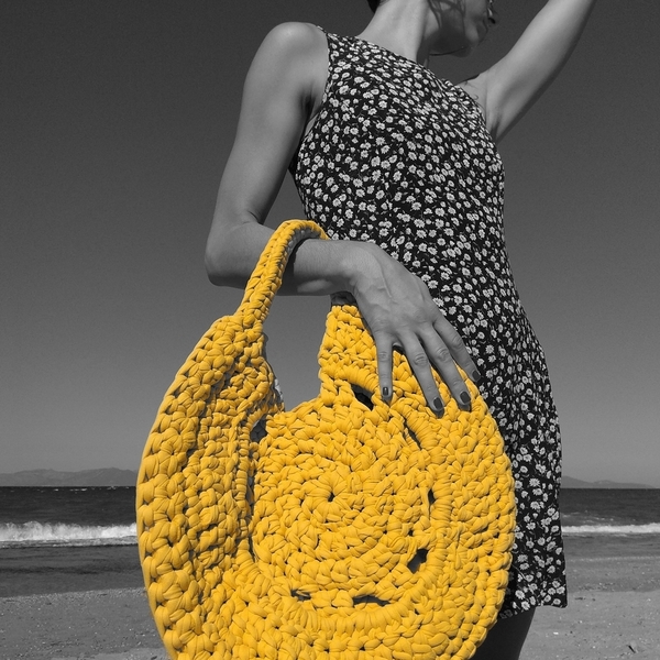 Τσάντα κίτρινη κύκλος - νήμα, ώμου, all day, πλεκτές τσάντες - 4