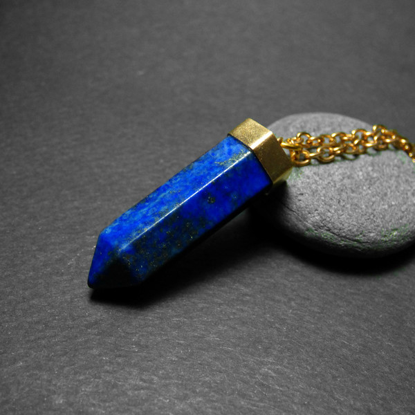 " Golden Lapis Lazuli " - Χειροποίητο επίχρυσο μενταγιόν με Ορυκτό Lapis Lazuli! - επιχρυσωμένα, μακριά, μενταγιόν - 2