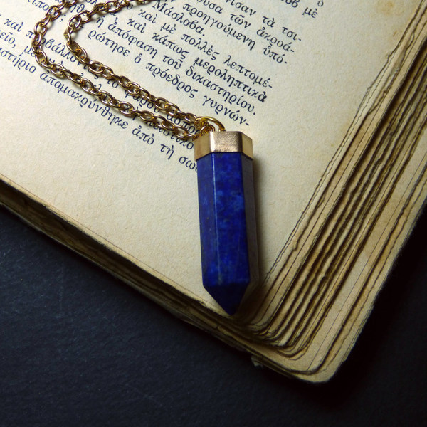 " Golden Lapis Lazuli " - Χειροποίητο επίχρυσο μενταγιόν με Ορυκτό Lapis Lazuli! - επιχρυσωμένα, μακριά, μενταγιόν - 5