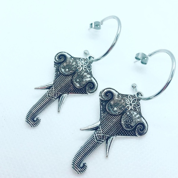 Boho σκουλαρίκια με ελέφαντες - επάργυρα, κρίκοι, boho