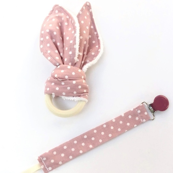 Μασητικό "bunny ears" και κλιπ πιπίλας - ροζ πουά - κορίτσι, μασητικά μωρού