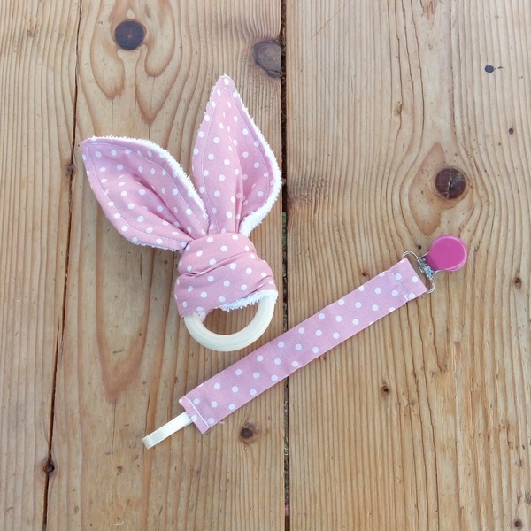 Μασητικό "bunny ears" και κλιπ πιπίλας - ροζ πουά - κορίτσι, μασητικά μωρού - 2