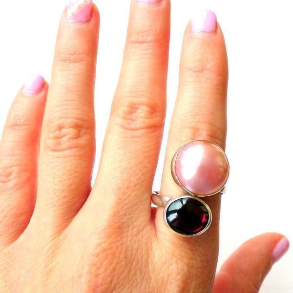 ασημένιο (925) δαχτυλίδι με μαργαριτάρι και τουρμαλίνη - ασήμι, ημιπολύτιμες πέτρες, μαργαριτάρι, αυξομειούμενα - 2