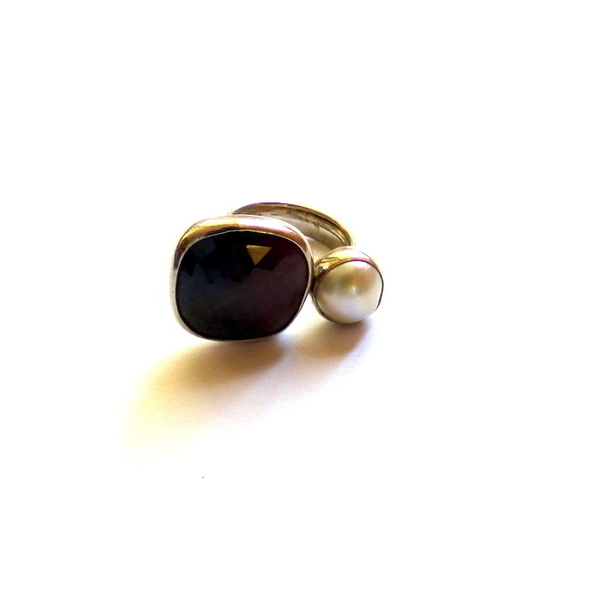 ασημένιο (925) δαχτυλίδι με μαργαριτάρι και καπνία - ασήμι, μαργαριτάρι, αυξομειούμενα