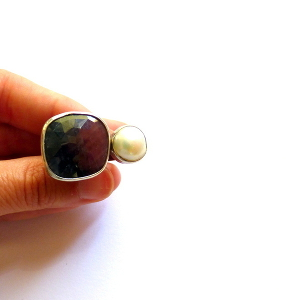 ασημένιο (925) δαχτυλίδι με μαργαριτάρι και καπνία - ασήμι, μαργαριτάρι, αυξομειούμενα - 2