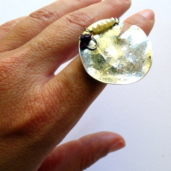 ασημένιο (925) δαχτυλίδι ''κύκλος'' μαργαριτάρια/τουρμαλίνη - ασήμι, μαργαριτάρι, μεγάλα, αυξομειούμενα - 2