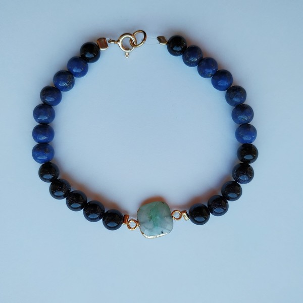 Βραχιόλι με ημιπολύτιμους λίθους lapis lazuli, blue goldstone, πράσινο αχάτη - ημιπολύτιμες πέτρες, χάντρες, σταθερά, χεριού - 2