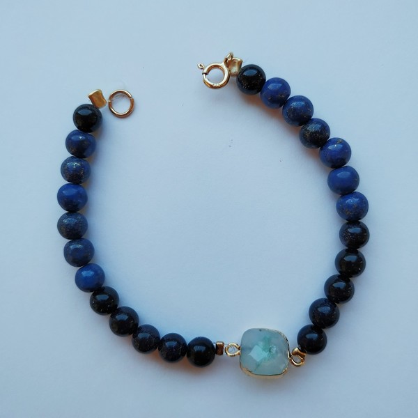 Βραχιόλι με ημιπολύτιμους λίθους lapis lazuli, blue goldstone, πράσινο αχάτη - ημιπολύτιμες πέτρες, χάντρες, σταθερά, χεριού - 3