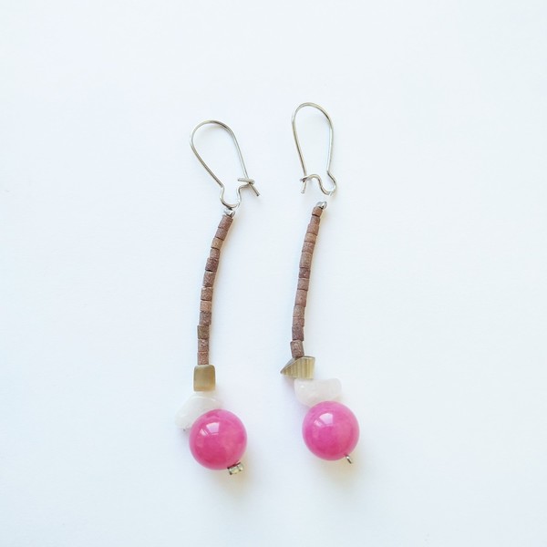 Σκουλαρίκια με ροζ αχάτη και φίλντισι - ημιπολύτιμες πέτρες, μακριά, boho, κρεμαστά
