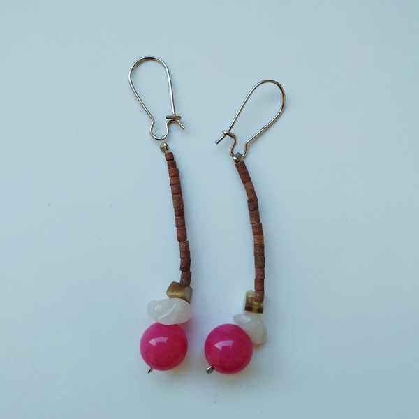 Σκουλαρίκια με ροζ αχάτη και φίλντισι - ημιπολύτιμες πέτρες, μακριά, boho, κρεμαστά - 2