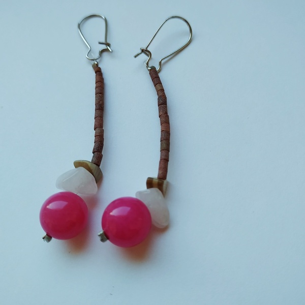 Σκουλαρίκια με ροζ αχάτη και φίλντισι - ημιπολύτιμες πέτρες, μακριά, boho, κρεμαστά - 3