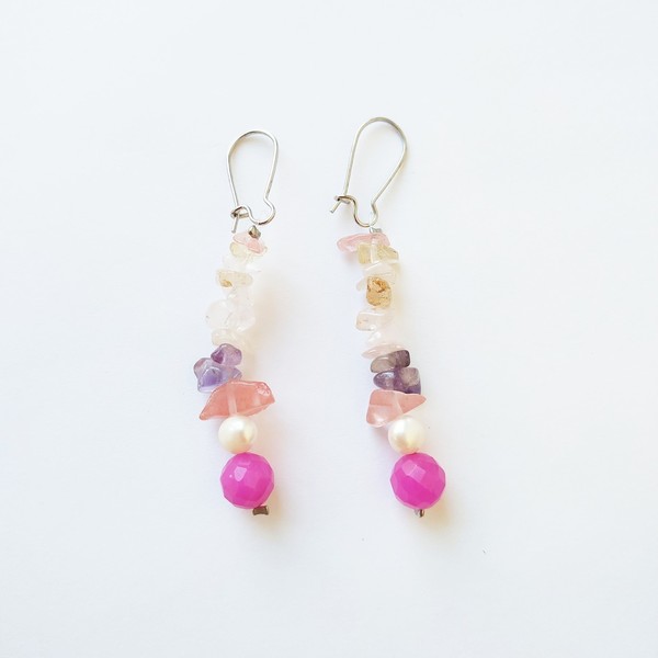 Σκουλαρίκια με ροζ αχάτη και μαργαριτάρι - ημιπολύτιμες πέτρες, μακριά, boho, κρεμαστά