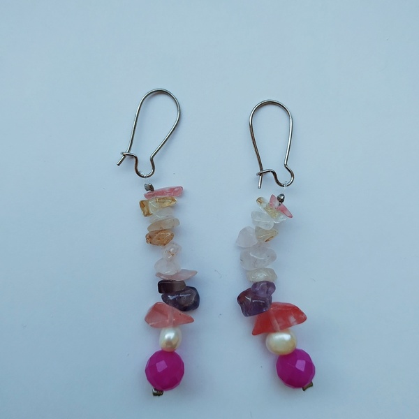 Σκουλαρίκια με ροζ αχάτη και μαργαριτάρι - ημιπολύτιμες πέτρες, μακριά, boho, κρεμαστά - 2