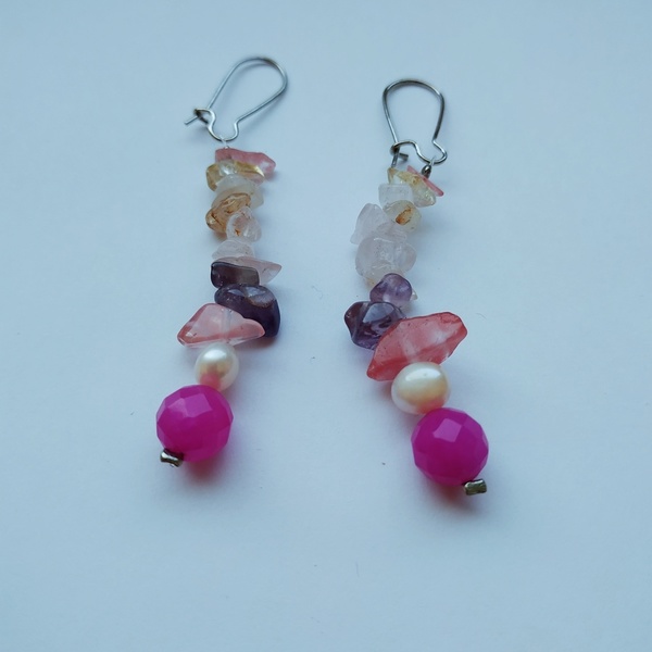 Σκουλαρίκια με ροζ αχάτη και μαργαριτάρι - ημιπολύτιμες πέτρες, μακριά, boho, κρεμαστά - 3