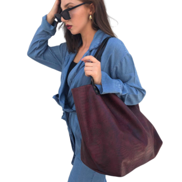 Χειροποίητη τσάντα ώμου oversized από δερματίνη διπλής όψης - ώμου, διπλής όψης, καθημερινό, δερματίνη - 3