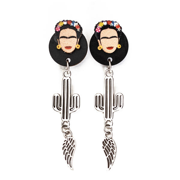 Μακρυά σκουλαρίκια Frida Kahlo - επάργυρα, καρφωτά, boho, ξύλινα κοσμήματα