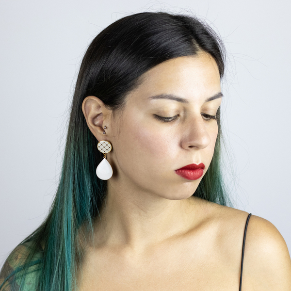 Λευκά Chic σκουλαρίκια - επιχρυσωμένα, μακριά, καρφωτά, boho, νυφικά, faux bijoux - 2