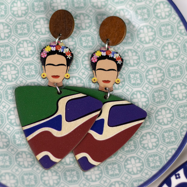 Ξύλινα Σκουλαρίκια Frida - ξύλο, καρφωτά, boho, frida kahlo - 3