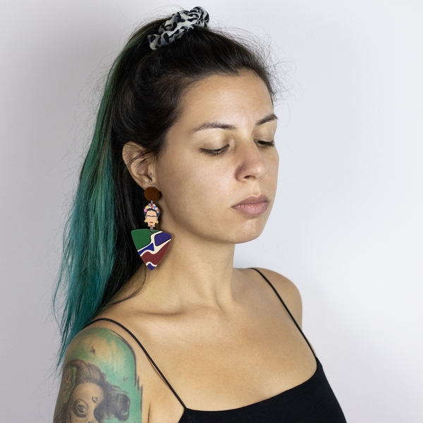 Ξύλινα Σκουλαρίκια Frida - ξύλο, καρφωτά, boho, frida kahlo - 4