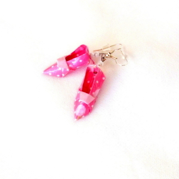 Παπουτσάκια ροζ σκουλαρίκια Origami - γυαλί, χαρτί, χάντρες, κρεμαστά - 2