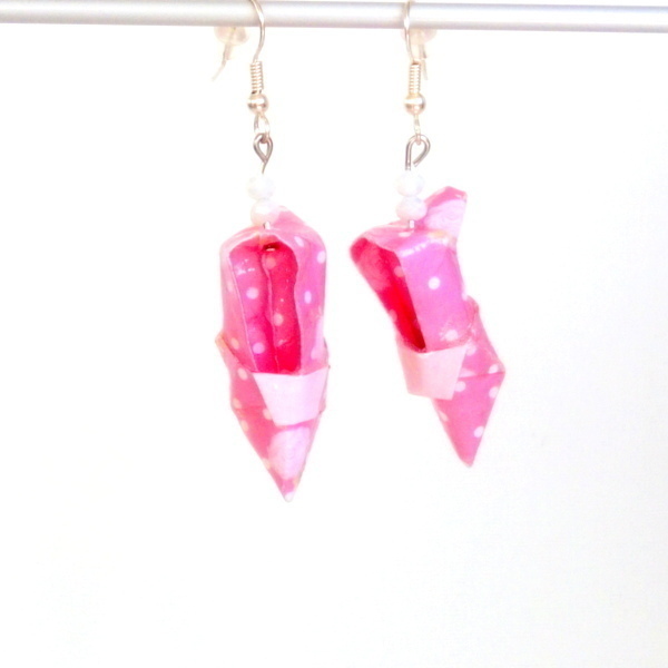 Παπουτσάκια ροζ σκουλαρίκια Origami - γυαλί, χαρτί, χάντρες, κρεμαστά - 3