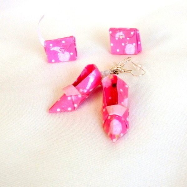 Παπουτσάκια ροζ σκουλαρίκια Origami - γυαλί, χαρτί, χάντρες, κρεμαστά - 4