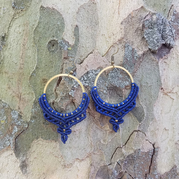 Σκουλαρίκια Macrame Κρίκοι Navy Blue Earrings - ορείχαλκος, ορείχαλκος, μακραμέ, κορδόνια, σκουλαρίκια, κρίκοι - 2