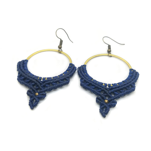 Σκουλαρίκια Macrame Κρίκοι Navy Blue Earrings - ορείχαλκος, ορείχαλκος, μακραμέ, κορδόνια, σκουλαρίκια, κρίκοι