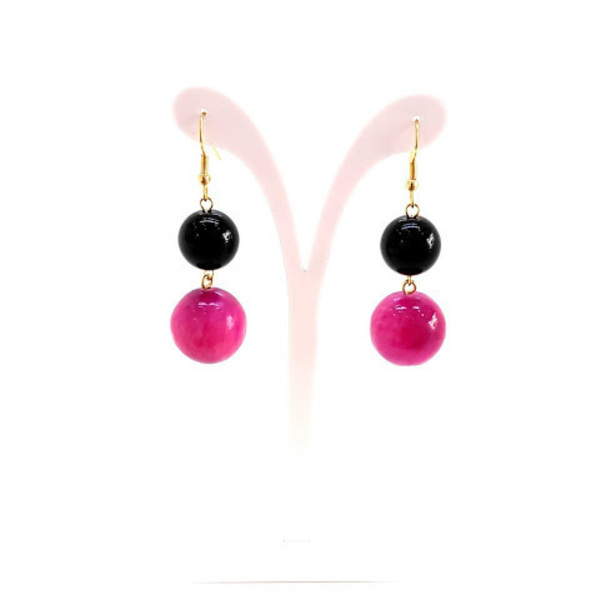 Κρεμαστά σκουλαρίκια με ημιπολύτιμες πέτρες ροζ και μαύρου αχάτη. - επιχρυσωμένα, boho, κρεμαστά, κρεμαστά, φθηνά - 4