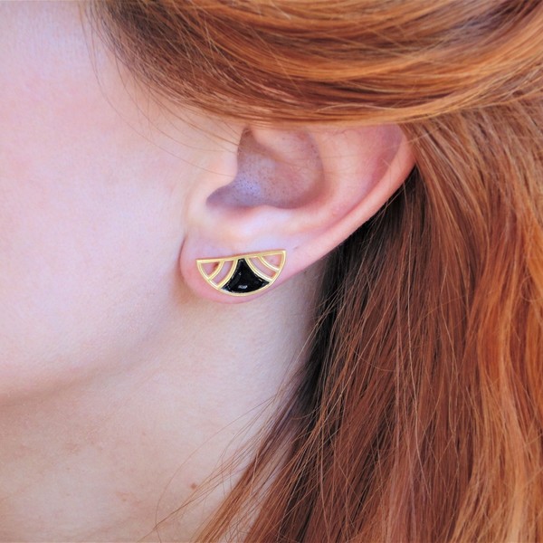 Σκουλαρίκια ear climber earrings με μαύρο σμάλτο - ασήμι, γυαλί, επιχρυσωμένα, μικρά, boho